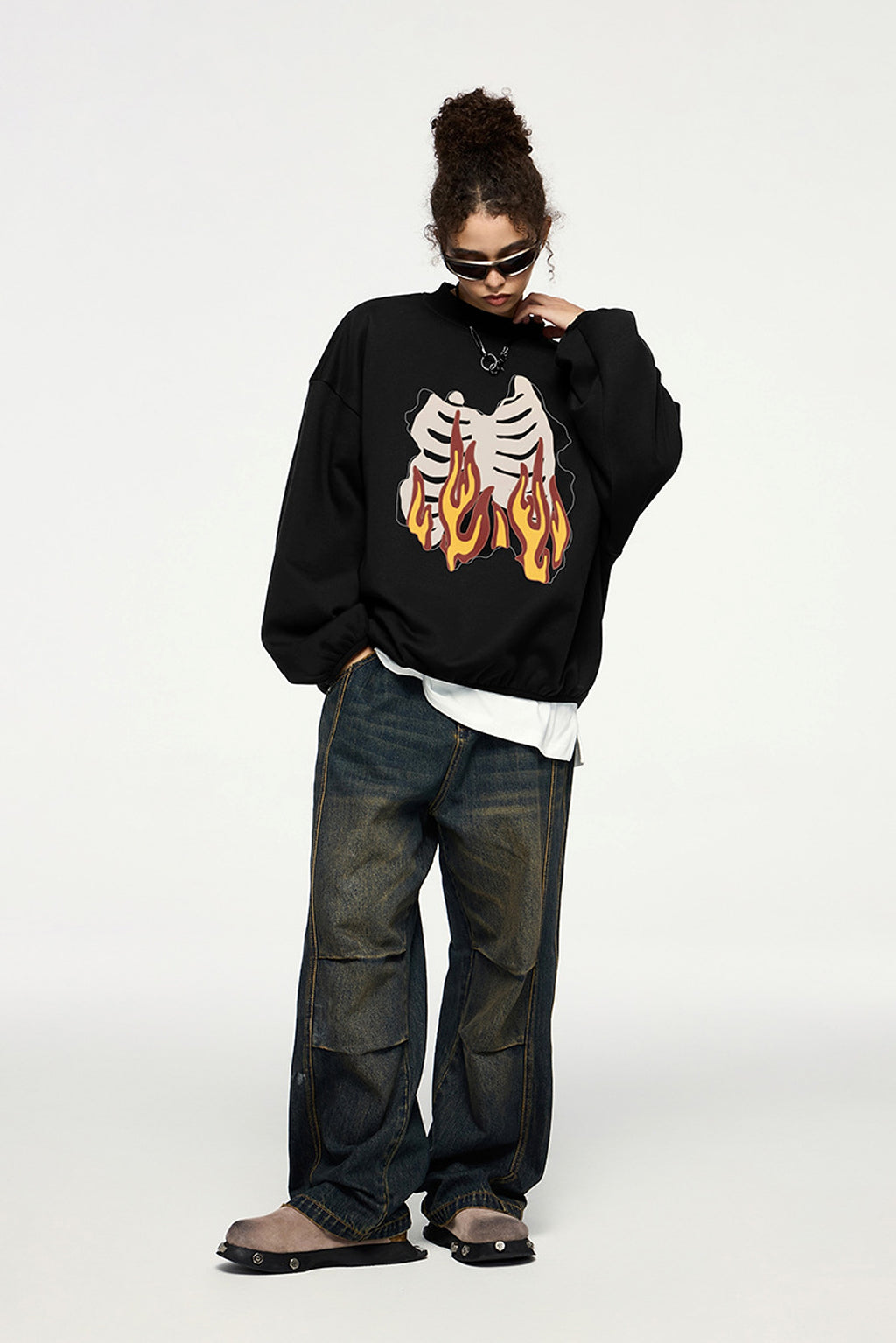 Fire Bone Round Neck Hoodie Short - enhanced image 4