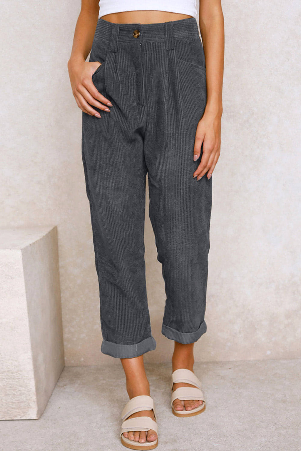 Gray Corduroy High Waist Straight Leg Pants - enhanced image 4
