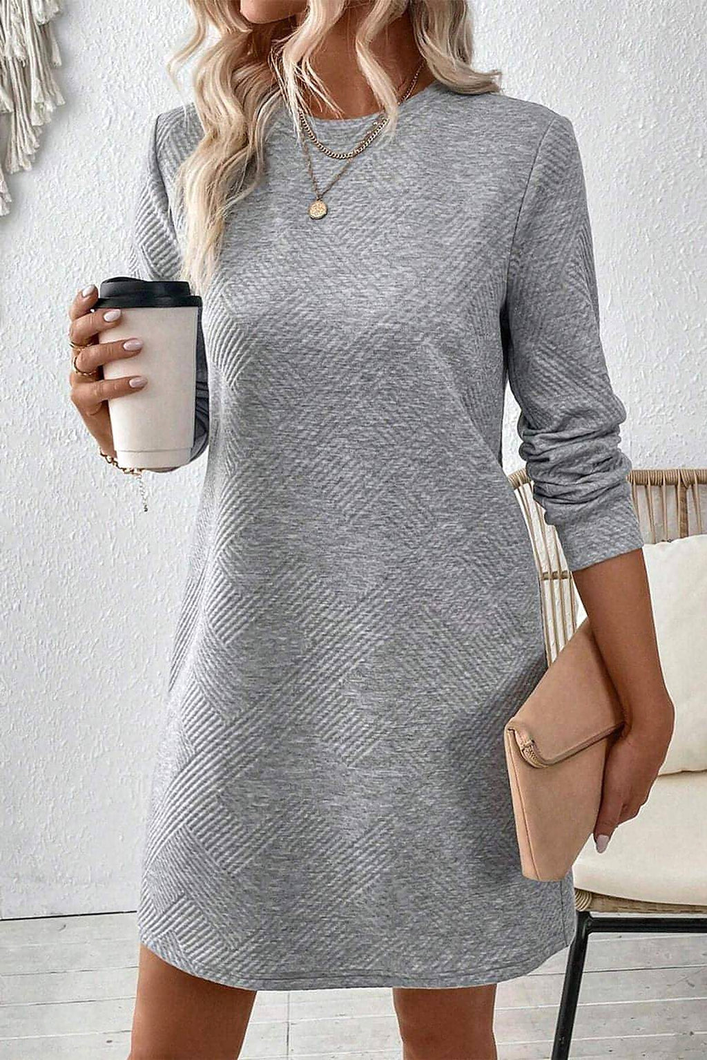 Gray Solid Color Textured Long Sleeve Shift Dress - enhanced image 4
