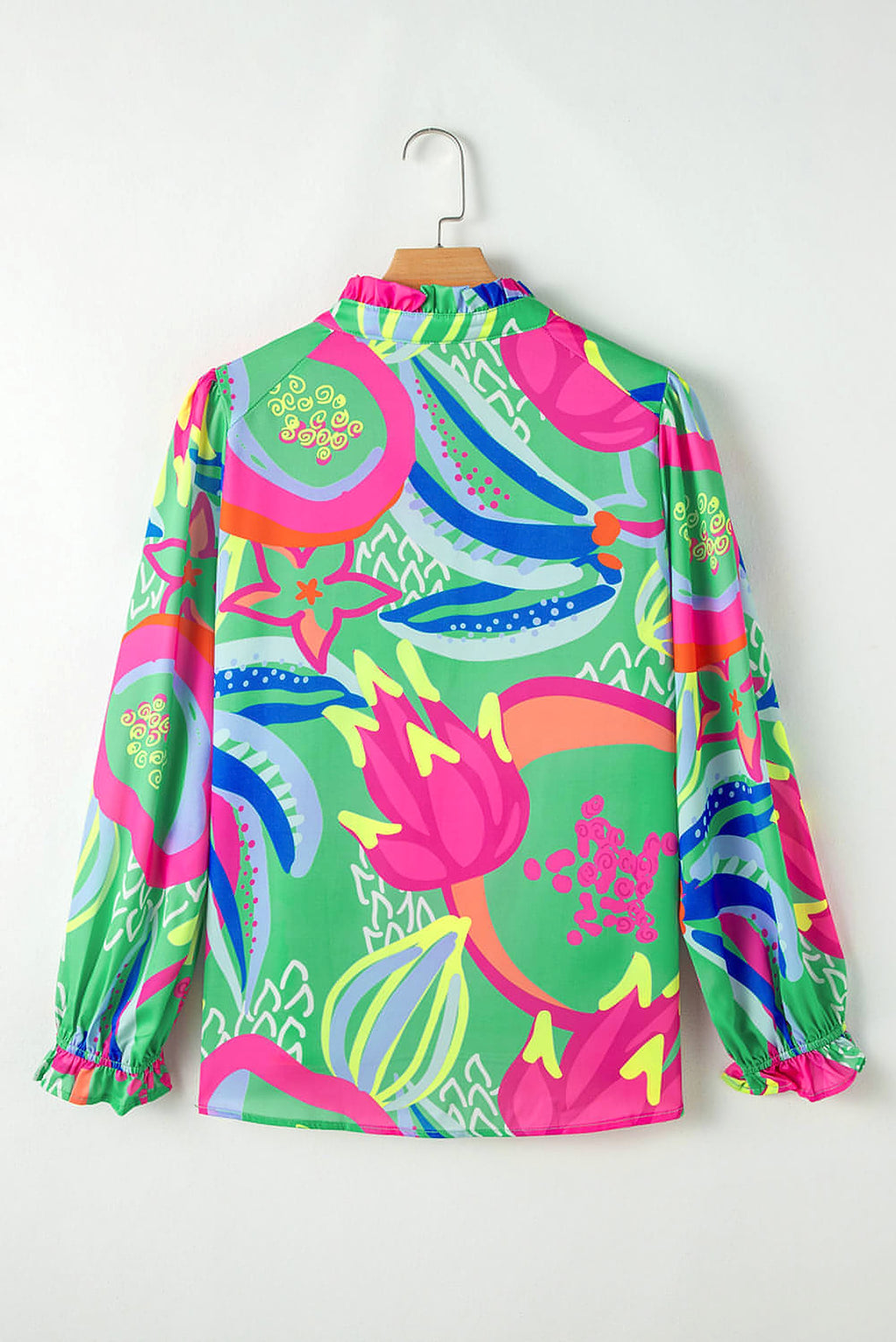Green Abstract Print Ruffled Sleeve Buttoned V Neck Blouse - enhanced image 4