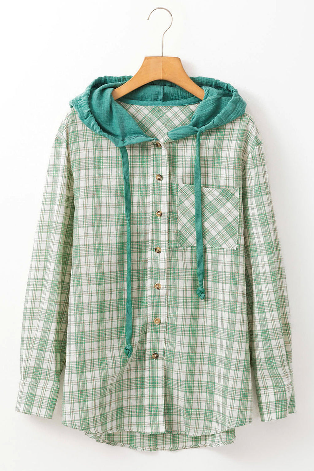 Green Checkered Print Loose Fit Buttoned Hooded Shacket - enhanced image 4