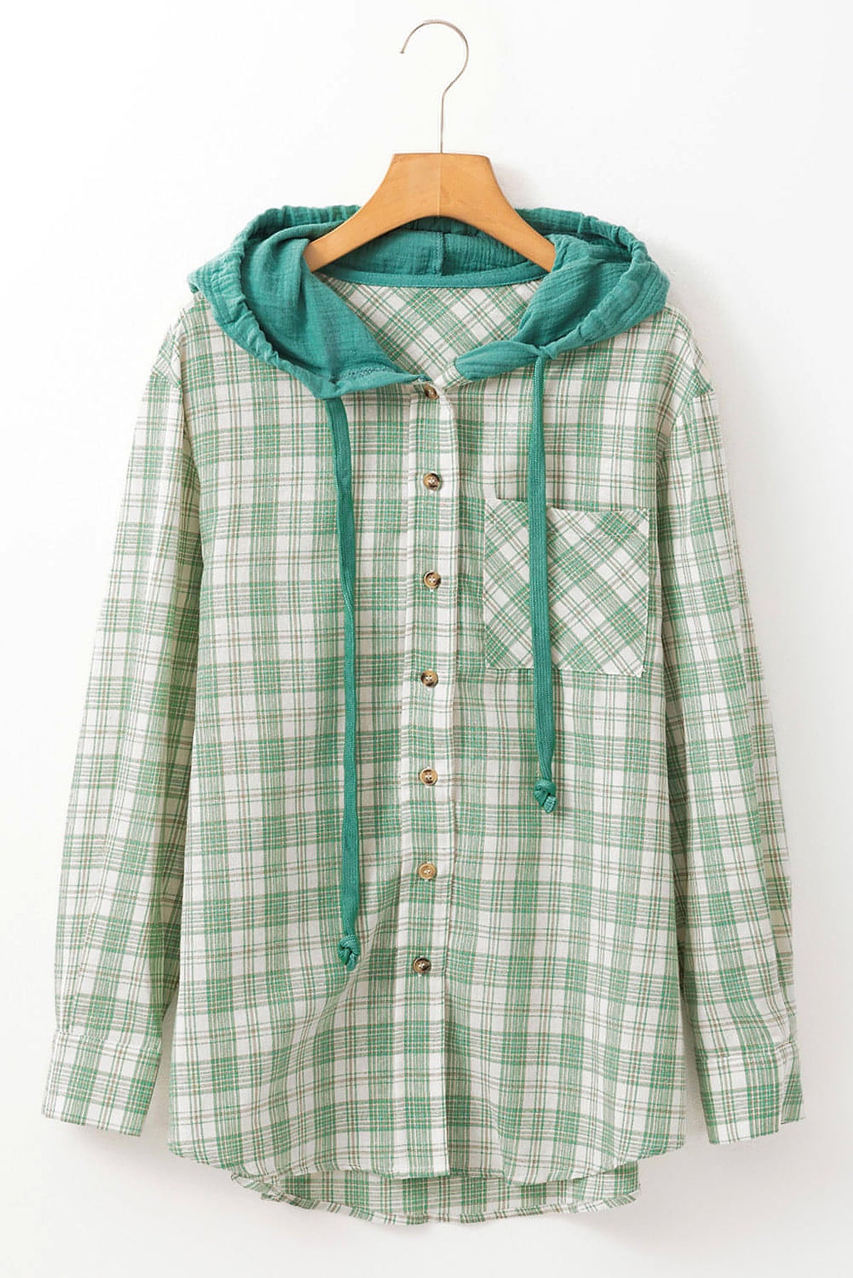 Green Checkered Print Loose Fit Buttoned Hooded Shacket - enhanced image 4