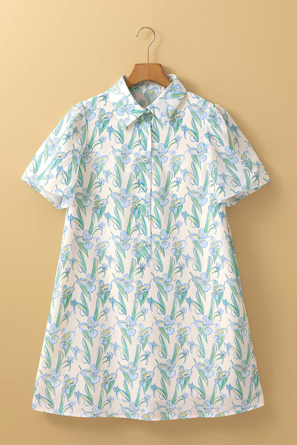 Green Floral Print Shirtcollar Buttoned Short Sleeve Shift Dress - enhanced image 4