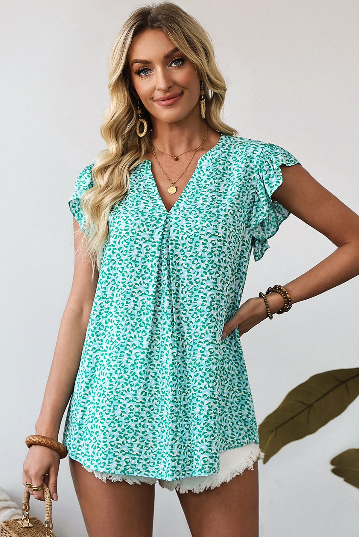 Green Notched V Neck Leopard Ruffle Short Sleeve Blouse - enhanced image 4