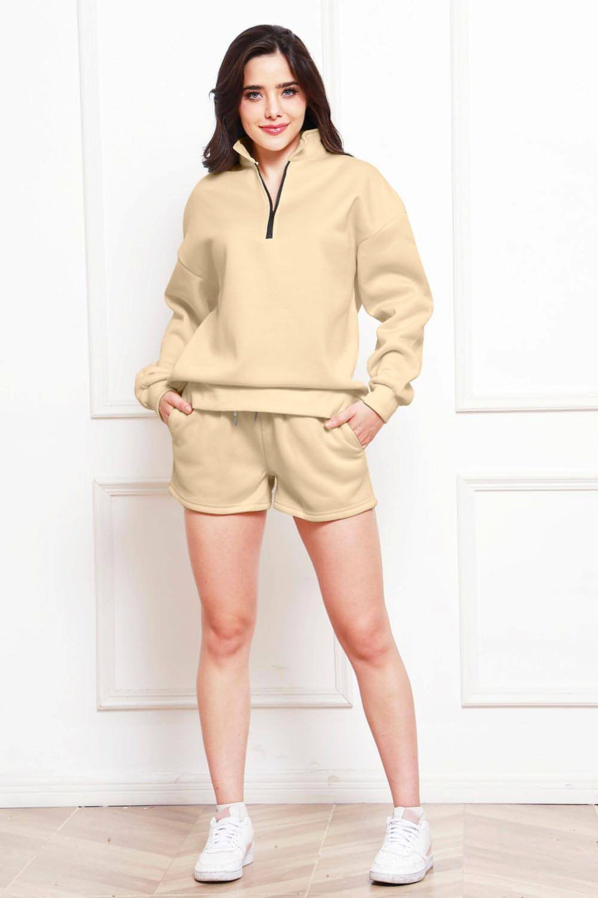 Half Zip Long Sleeve Sweatshirt and Drawstring Shorts Set - enhanced image 4