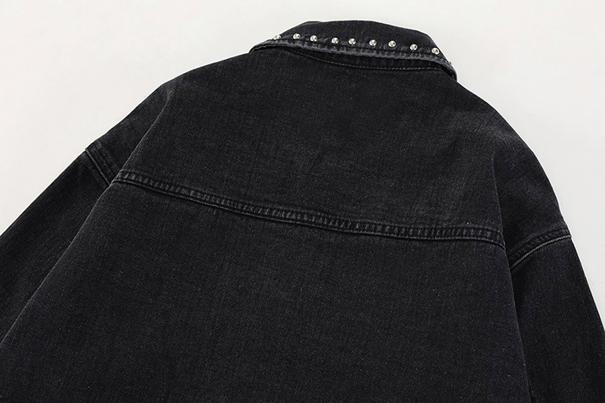 Heavy Beaded Black Denim Jacket For Men And Women - enhanced image 4