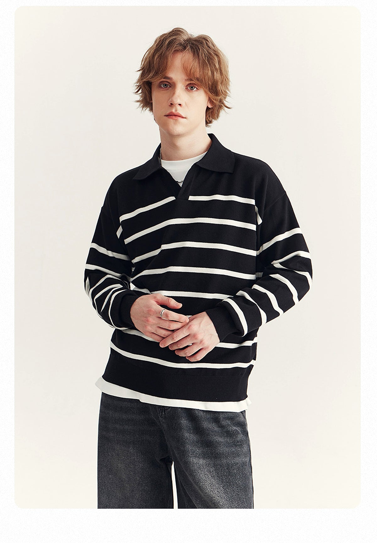 High-grade Loose Contrast Color Striped Sweater Long Sleeve Inner Wear Sweater For Men - enhanced image 4