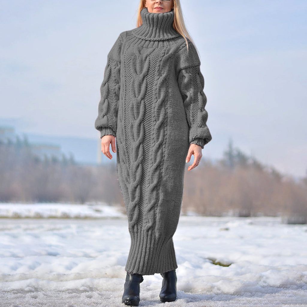 High Neck Pullover Cable Loose Knitted Wool Dress - enhanced image 4