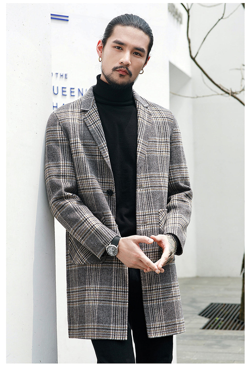 Houndstooth reversible men's plaid woolen trench coat - enhanced image 4