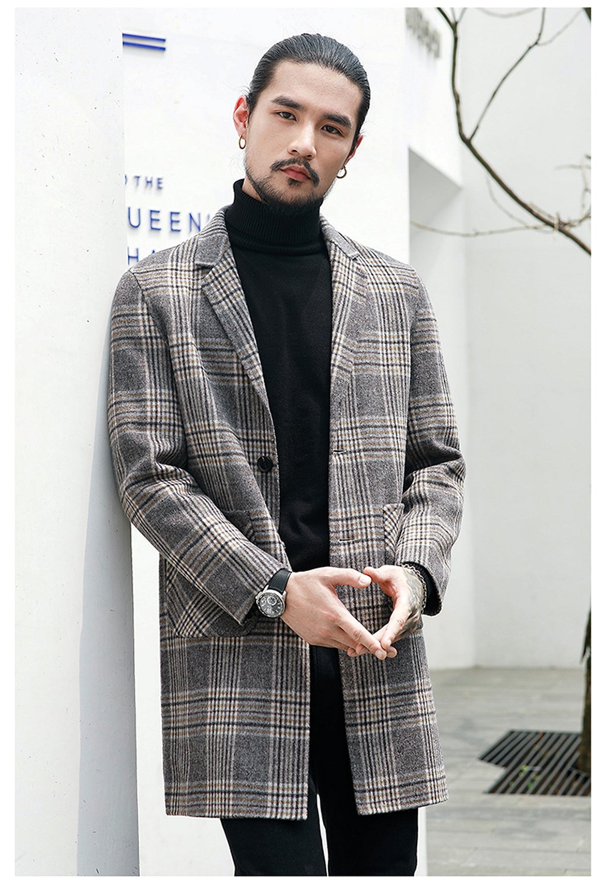 Houndstooth reversible men's plaid woolen trench coat - enhanced image 4
