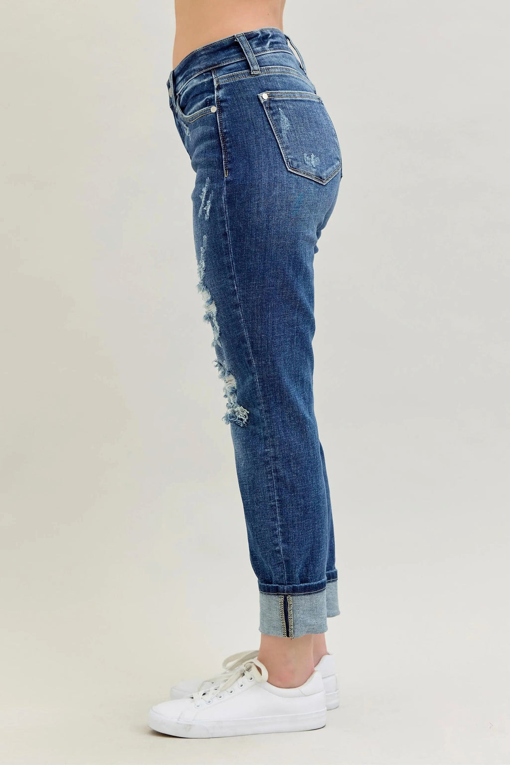 Judy Blue Full Size Mid Rise Cuffed Destroy Bf Jeans Plus Size - enhanced image 4