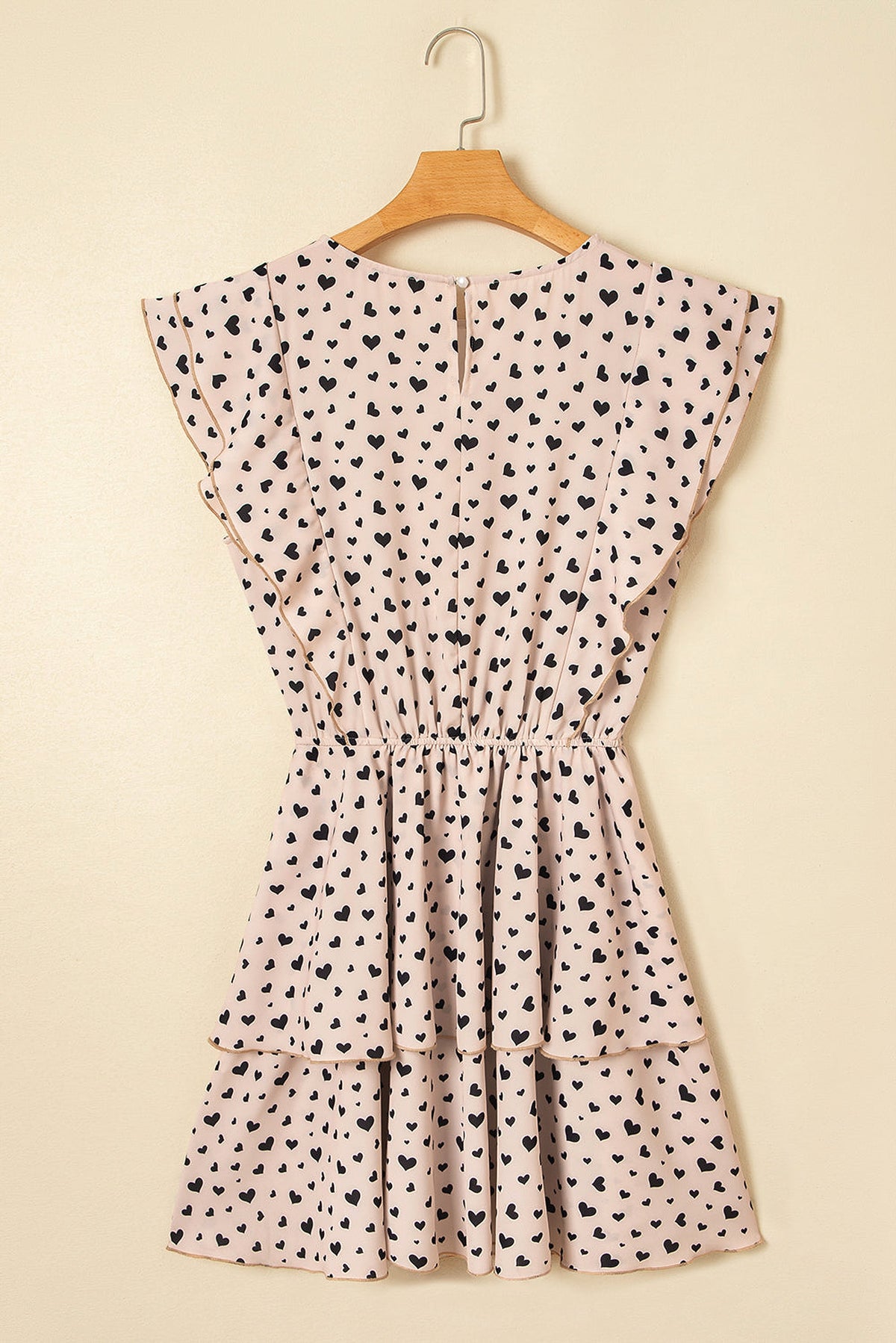 Khaki Heart Printed Flutter Sleeve Cinched Waist Tiered Ruffle Mini Dress - enhanced image 4