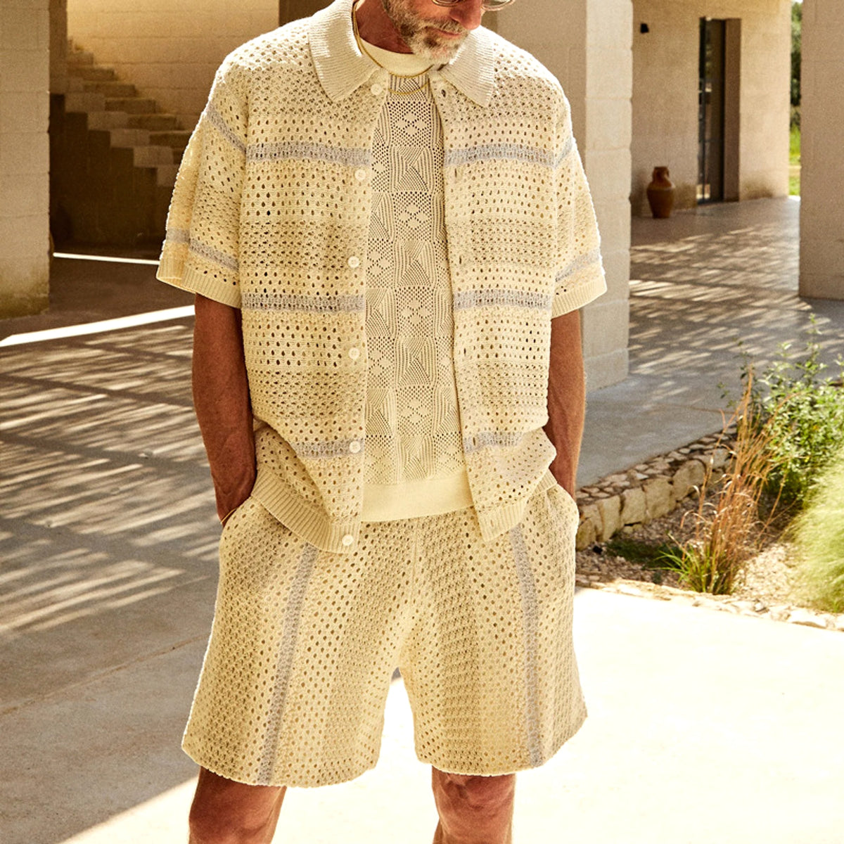 Knitted Sweater Shorts Color Matching Two-piece Suit Men - enhanced image 4