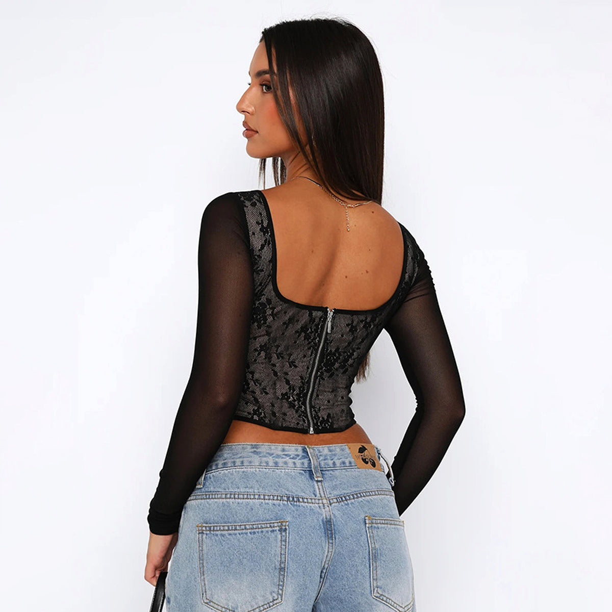 A1. Lace Stitching Girdle Printed Long-sleeved T-Shirt Women - enhanced image 4