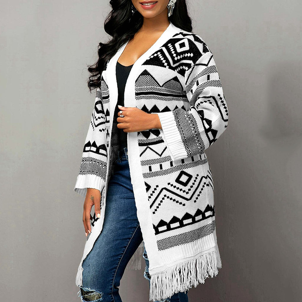 Ladies Tassel Hem Jacquard Cardigan Sweater - enhanced image 4