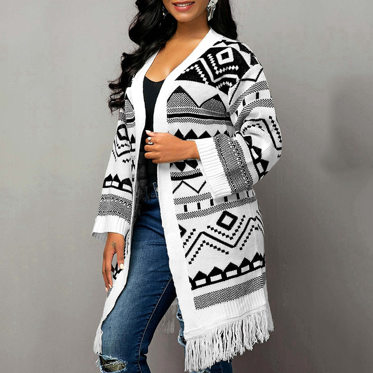Ladies Tassel Hem Jacquard Cardigan Sweater - enhanced image 4