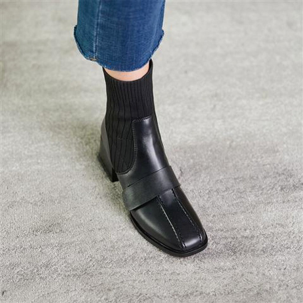 Large Brown Square Toe Mid-heel Soft Leather Shoes - enhanced image 4