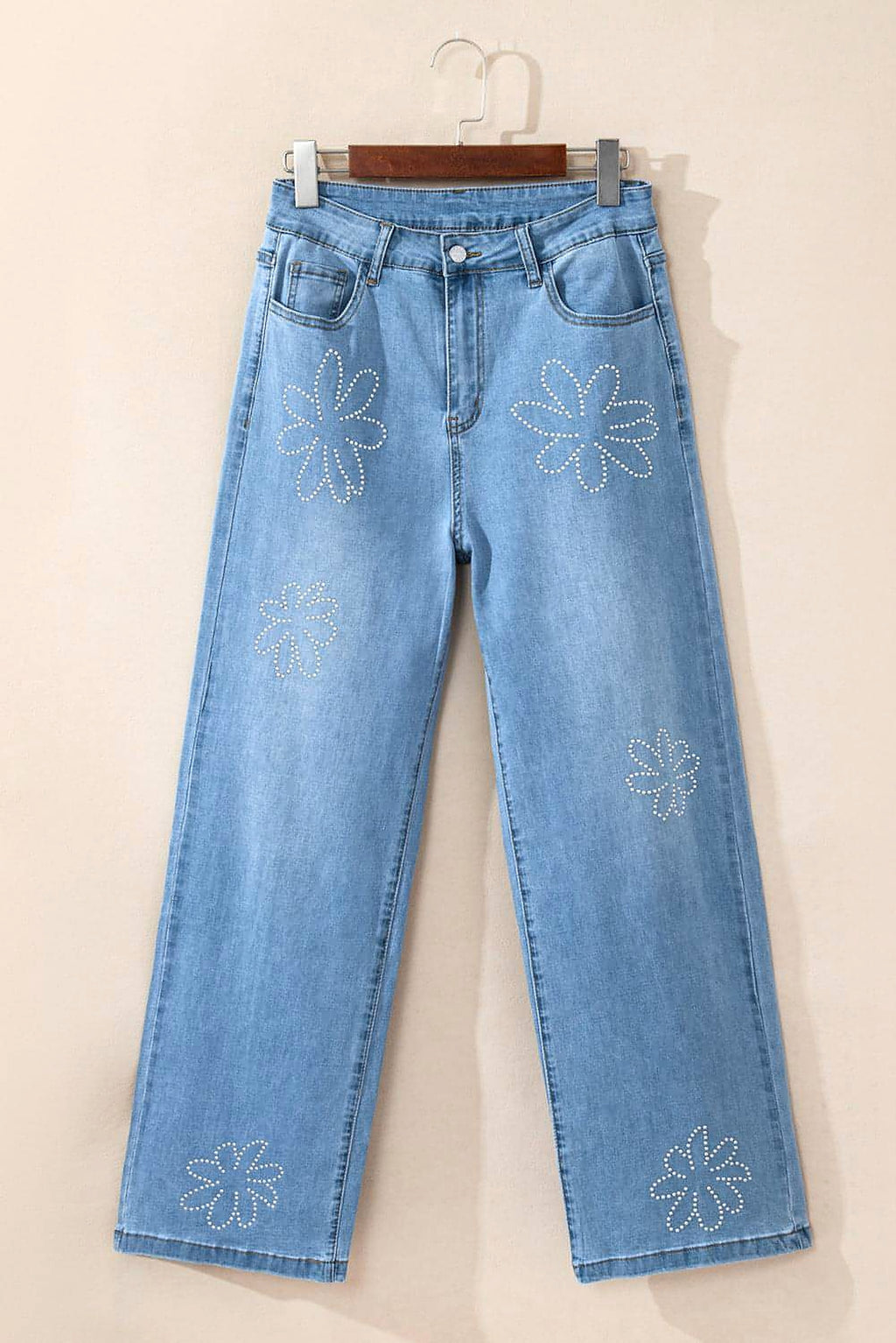 Light Blue Floral Rhinestone Decor High Rise Wide Leg Jeans - enhanced image 4