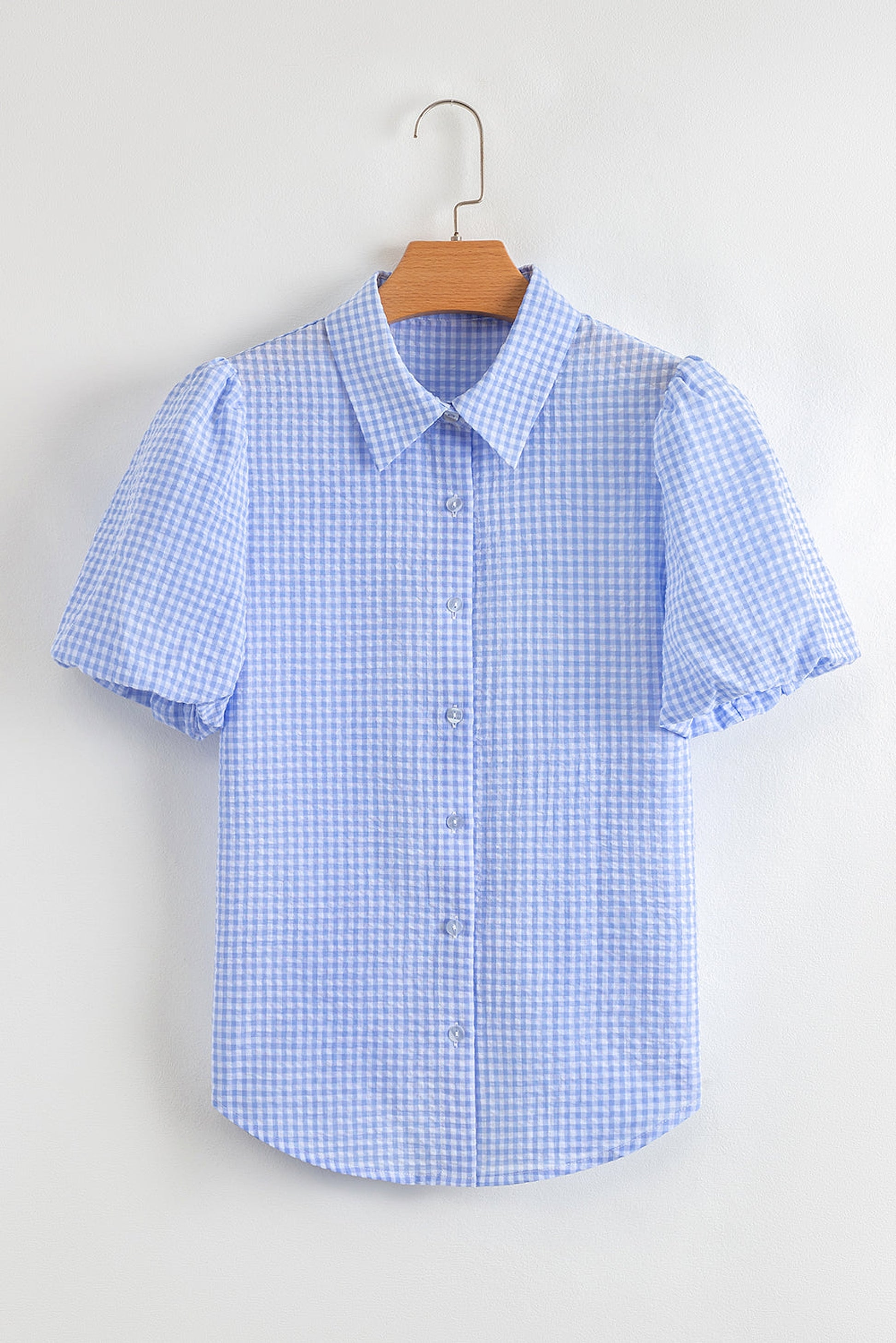 Light Blue Gingham Short Puff Sleeve Button Up Shirt - enhanced image 4