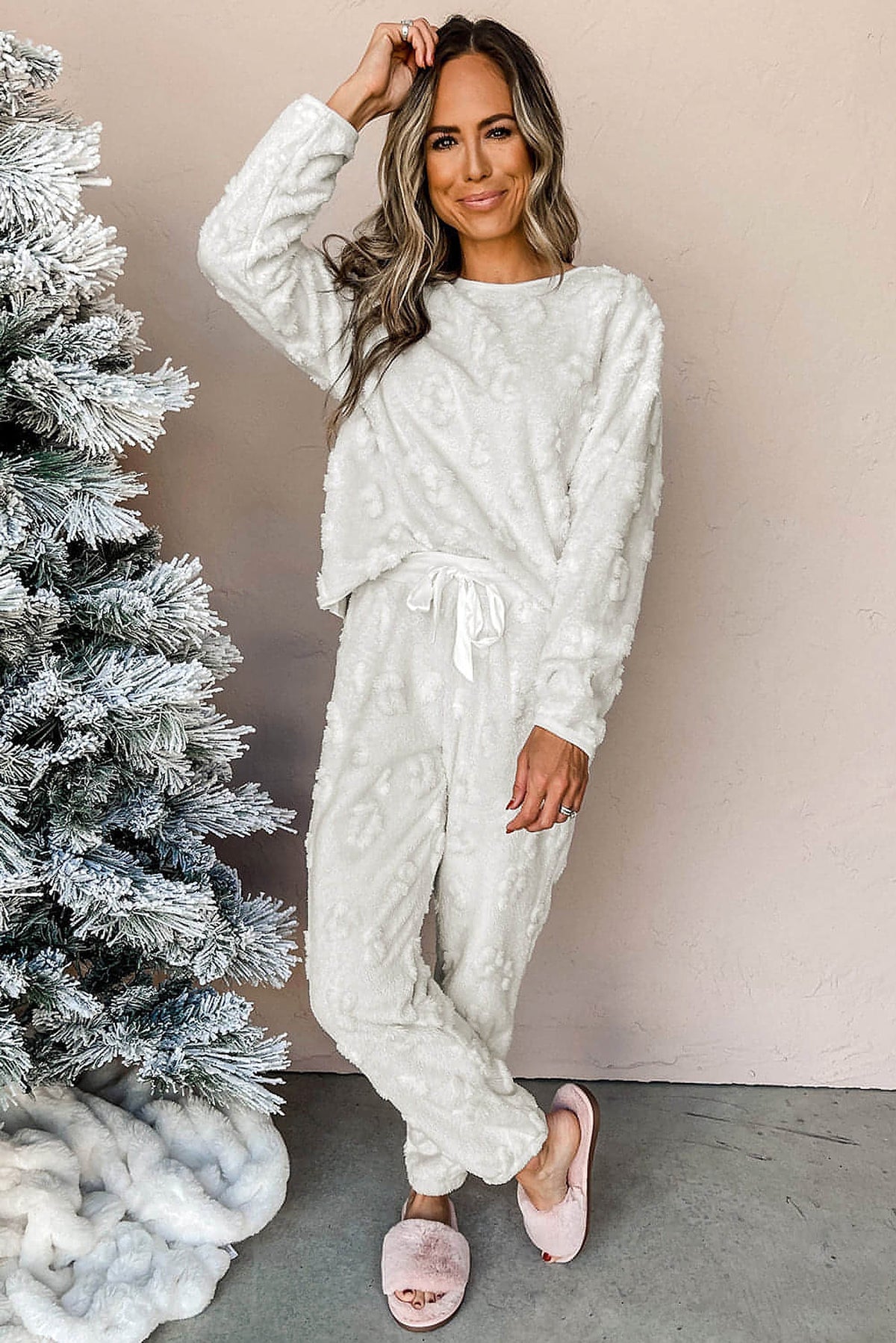 Light Grey Leopard Textured Loose Fit Fleece Lounge Set - enhanced image 4
