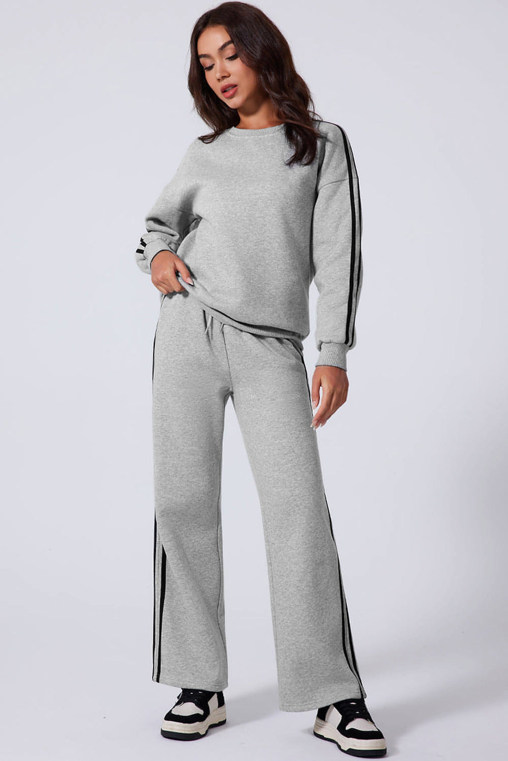 Light Grey Solid Color Side Striped Sweatshirt Active Set - enhanced image 4