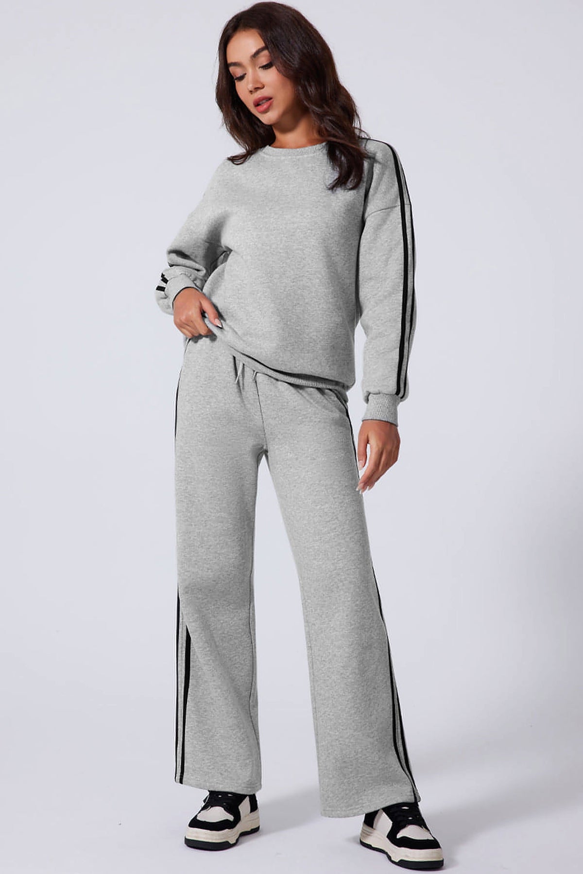 Light Grey Solid Color Side Striped Sweatshirt Active Set - enhanced image 4