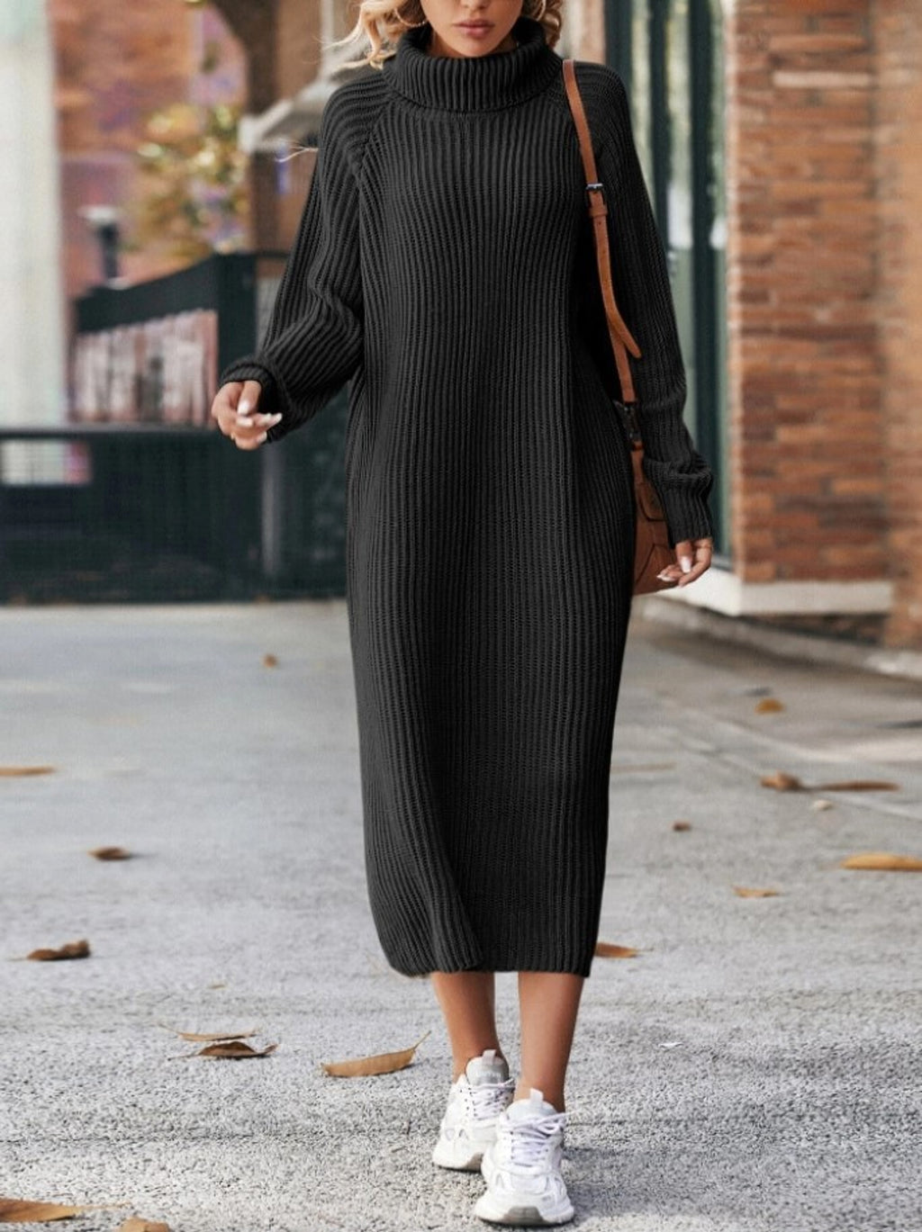 Long Below The Knee Loose High Collar Knitted Dress Sweater - enhanced image 4