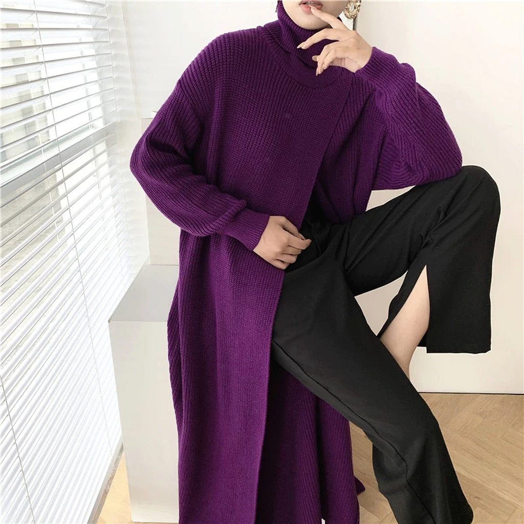 A.1 Long Knit Turtleneck Sweater Long Skirt Pullover Bottoming With Slits And Slim Fit - enhanced image 4