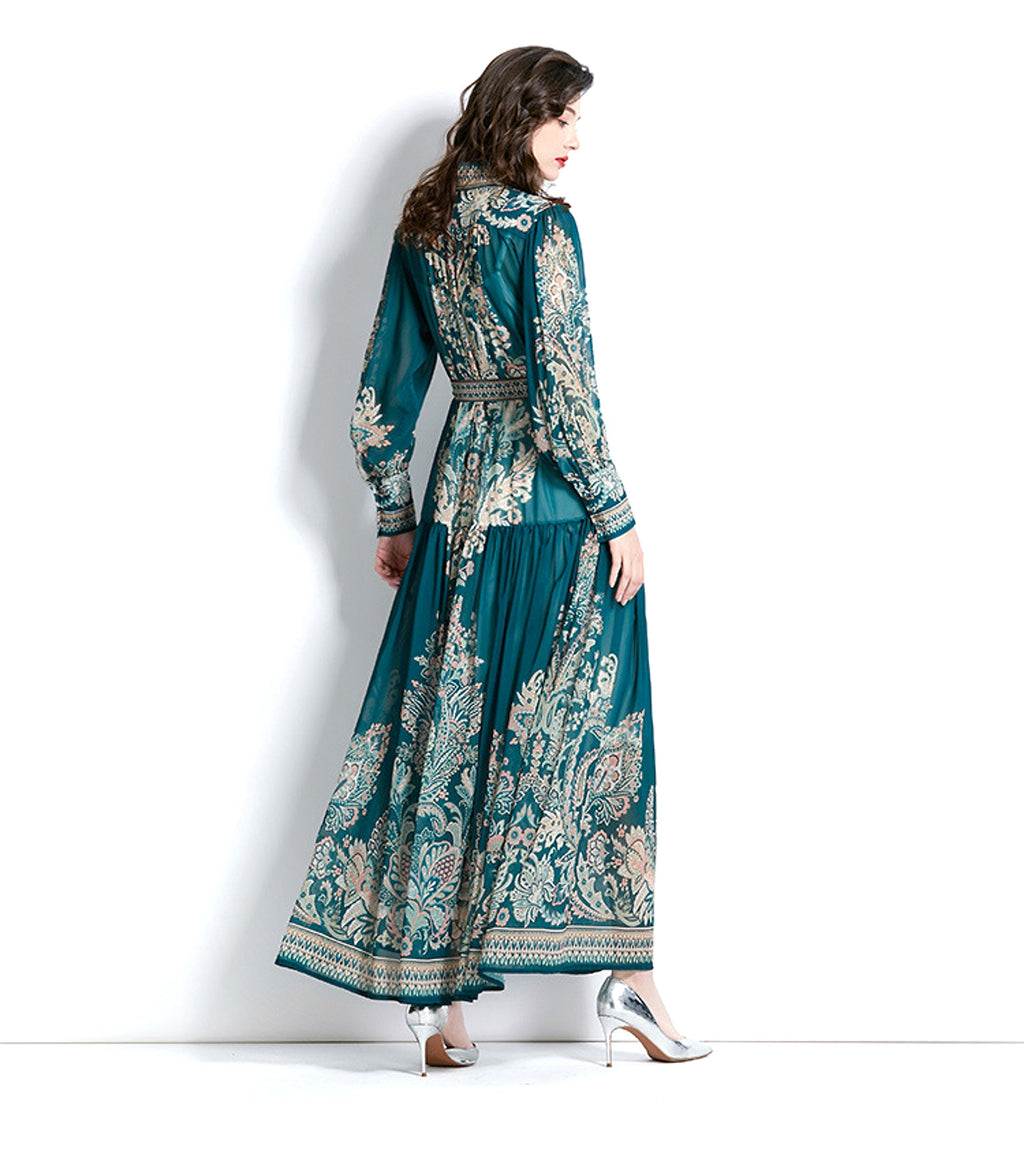 Long Sleeve Stand-up Collar Puff Sleeve Lace Printing Dress