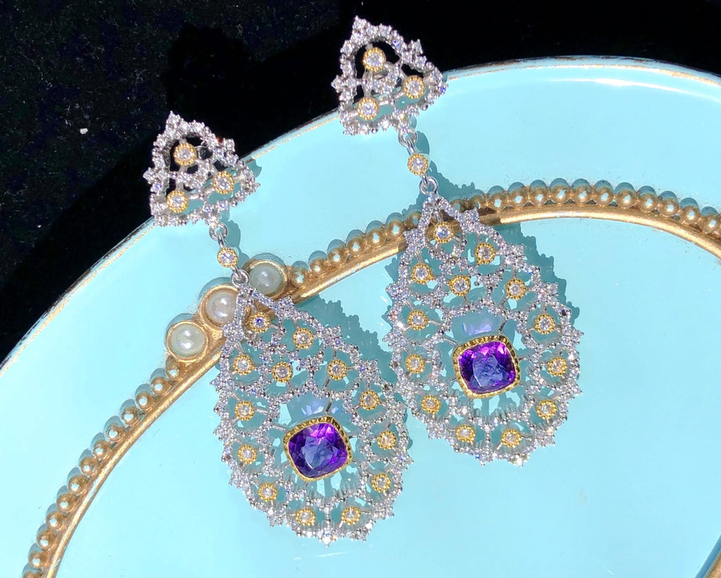 Luxury 925 Silver Plated Natural Amethyst Drop Earrings - enhanced image 4