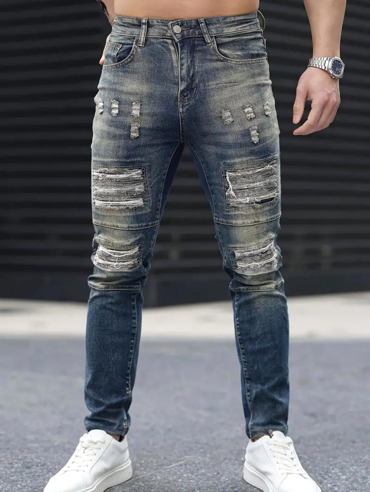 Men’s Ripped Stretch Jeans – Navy High Street | Urban Cool 25 Edition - enhanced image 4