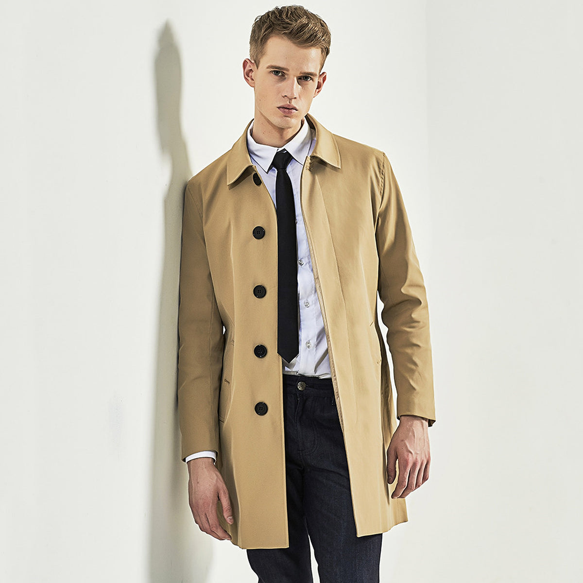 Men Trench Coat Navy Blue Single Breasted - enhanced image 4