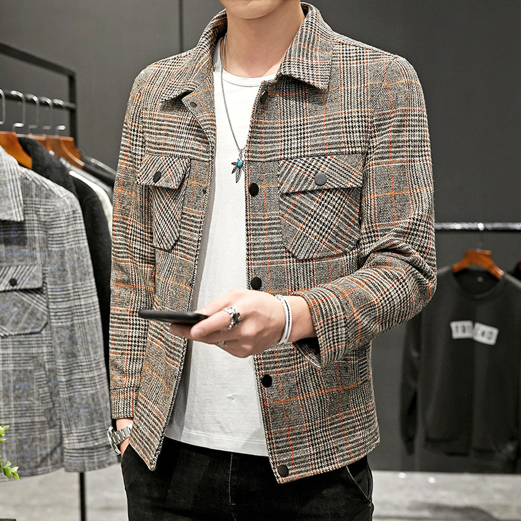 Men's Casual Plaid Jacket Lapel Cropped Coat - enhanced image 4