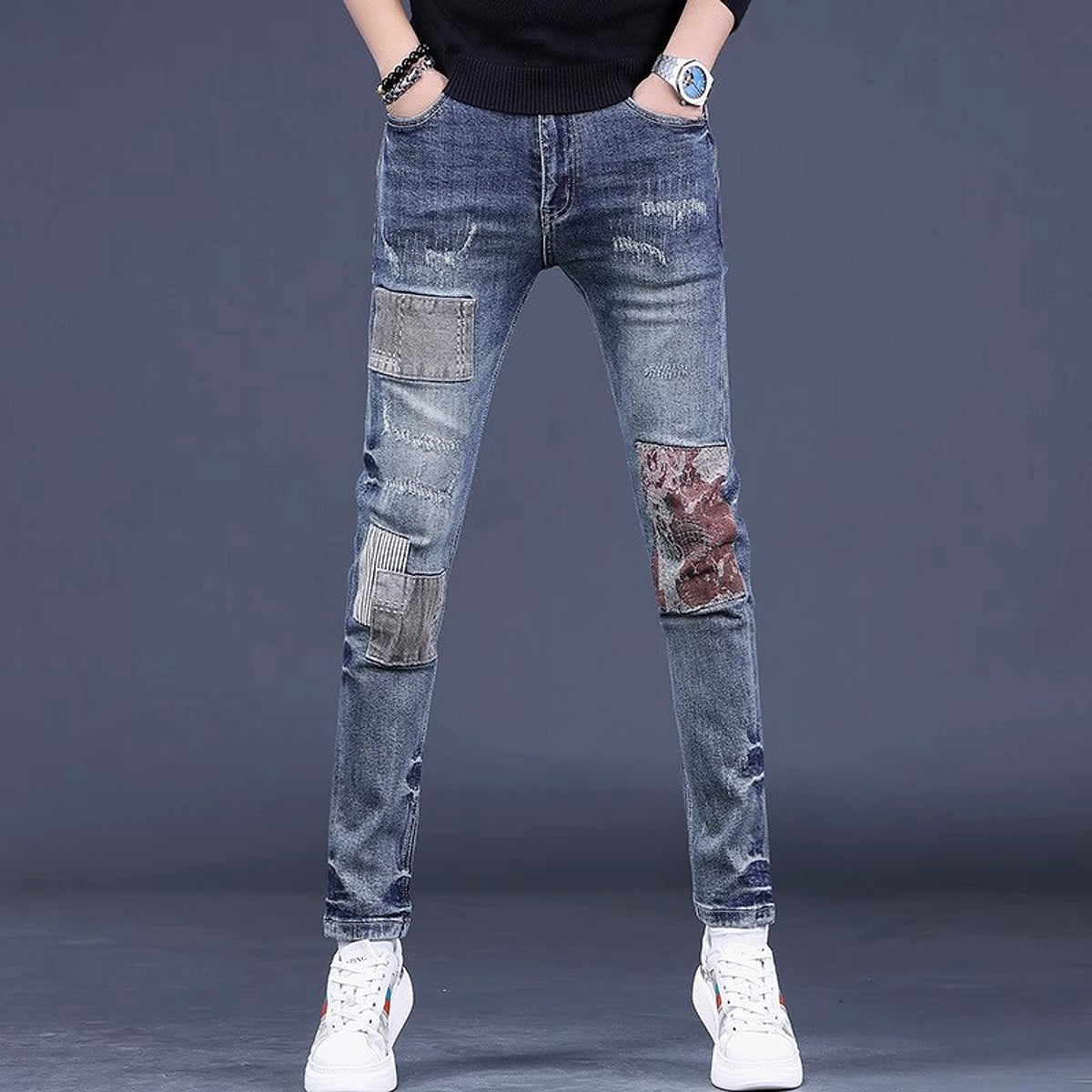 Men's Contrast Color Patch Hole Slim-fit Pants - enhanced image 4