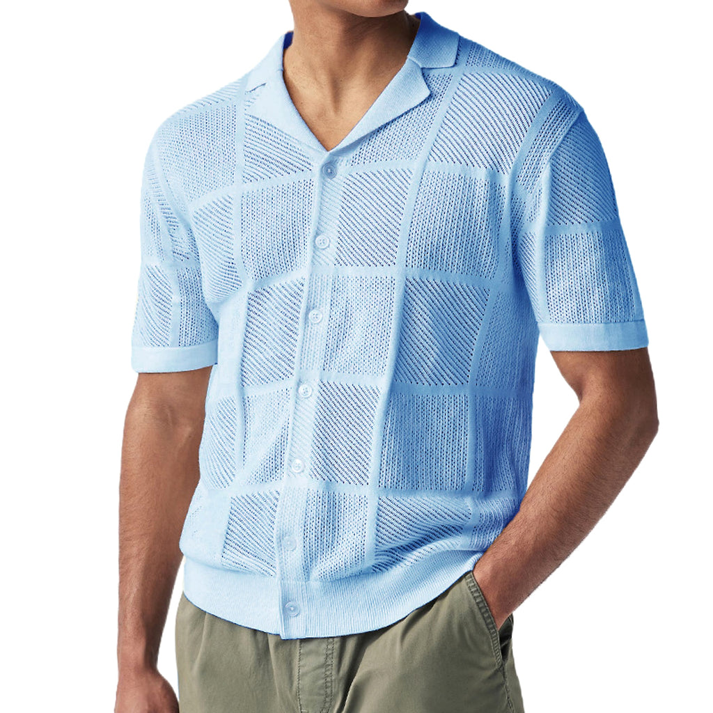 Men's Knit Cardigan Thin Hollow Polo Collar Short Sleeve Top - enhanced image 4
