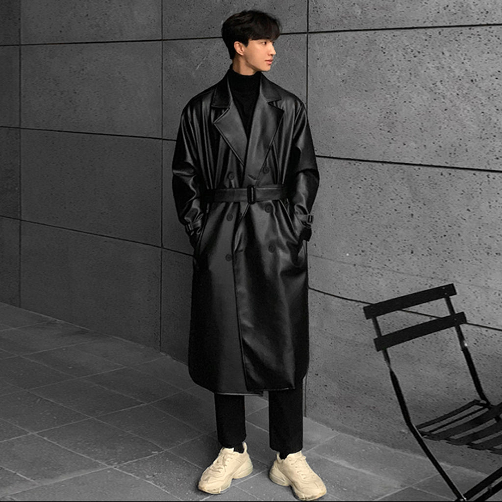 Men's Mid-length Double-breasted Leather Trench Coat - enhanced image 4