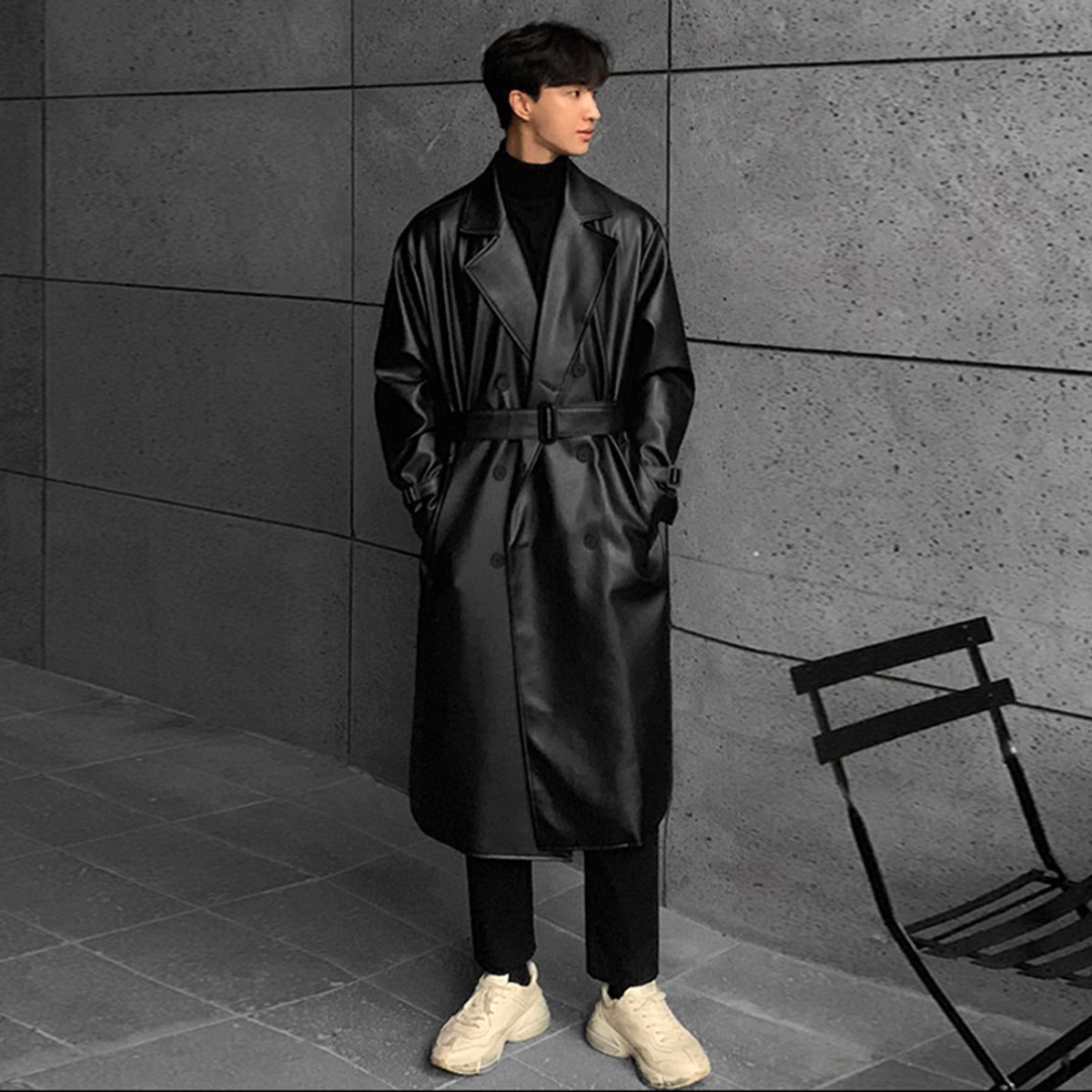 Men's Mid-length Double-breasted Leather Trench Coat - enhanced image 4