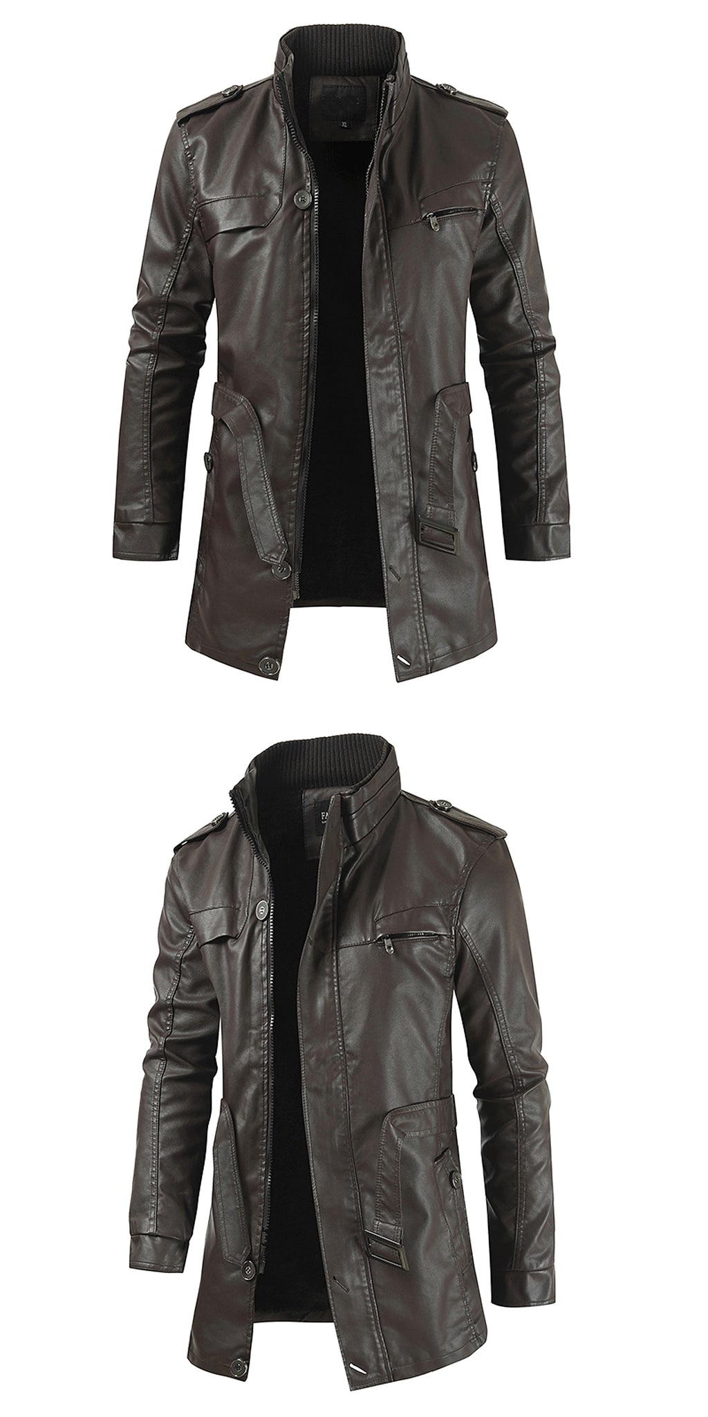 Men's Mid-length Fleece-lined Casual Stand Collar Leather Wind Coat - enhanced image 4