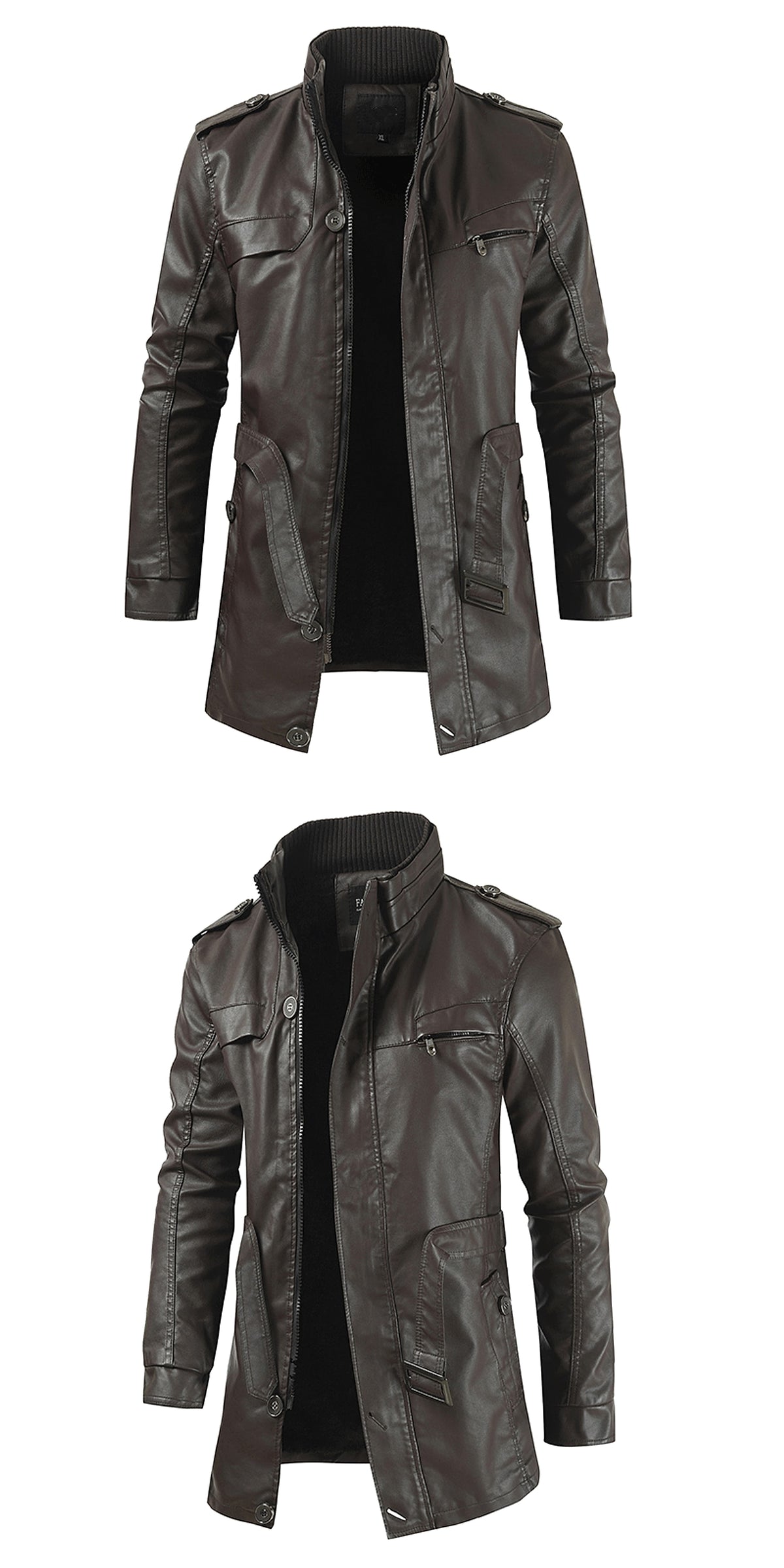Men's Mid-length Fleece-lined Casual Stand Collar Leather Wind Coat - enhanced image 4