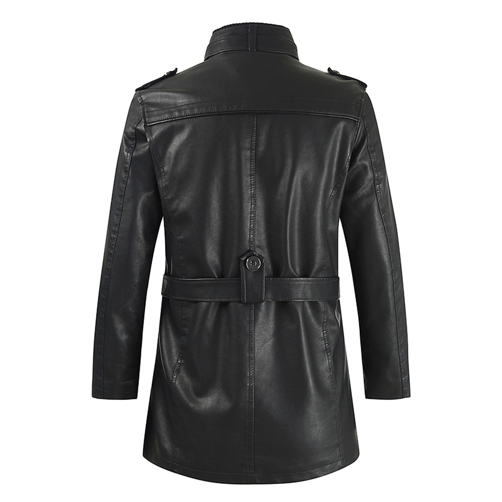 Men's Mid-length Stand-up Collar Slim Large Size Leather Trench Coat - enhanced image 4