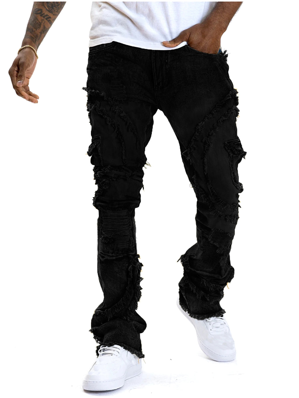 Men's Patchwork Fringe Slightly Flared Stretch Jeans - enhanced image 4