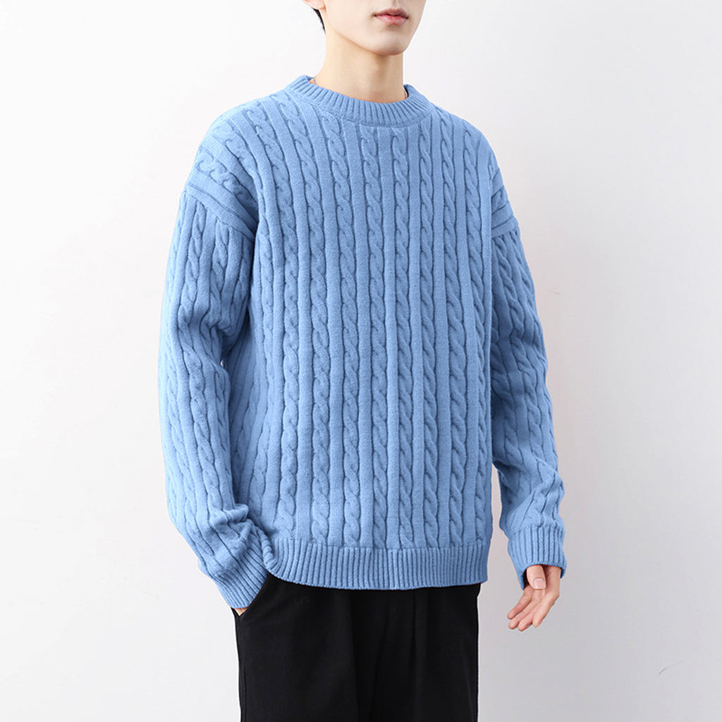 Men's Thick Solid Color Loose Round Neck Twisted Twisted Sweater - enhanced image 4