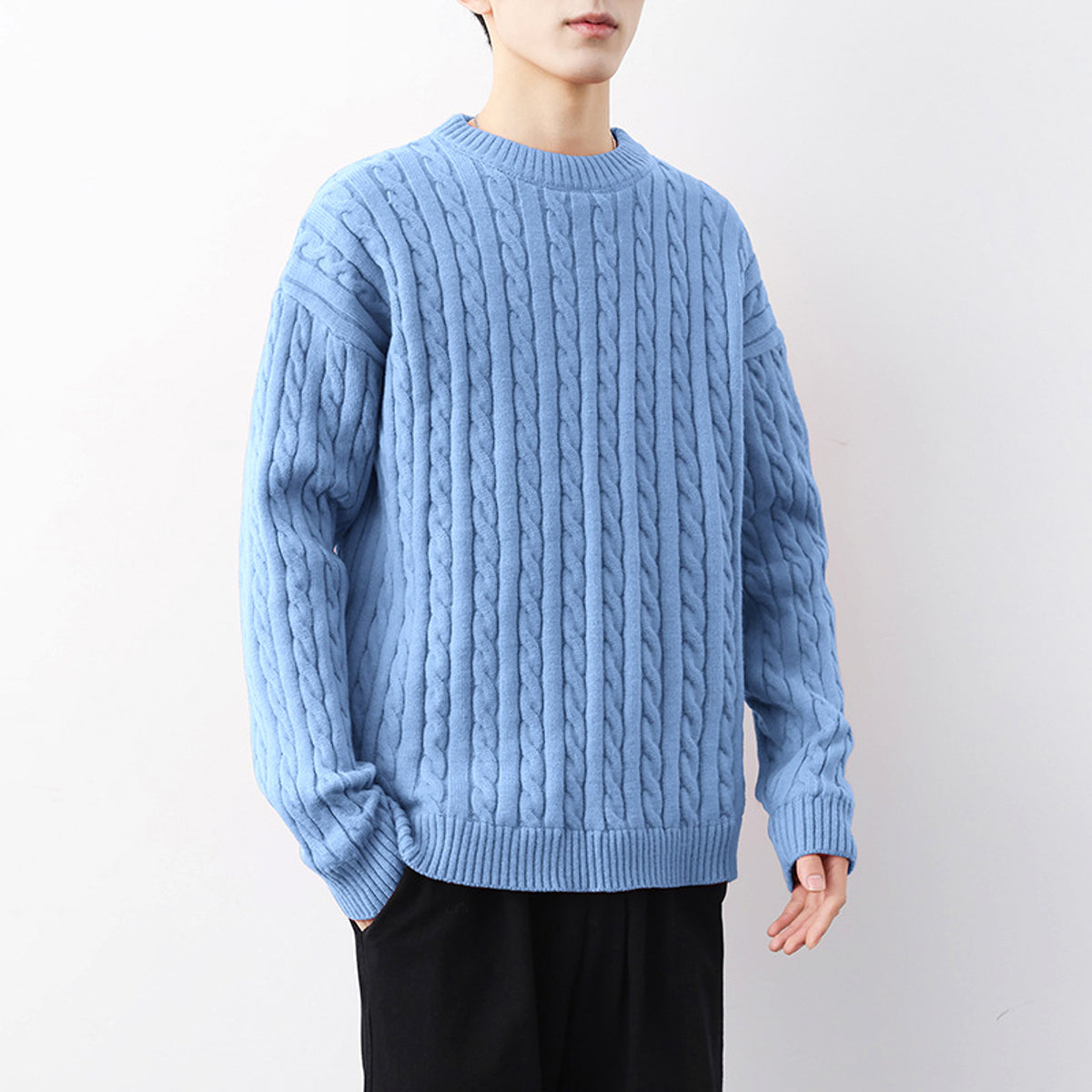 Men's Thick Solid Color Loose Round Neck Twisted Twisted Sweater - enhanced image 4