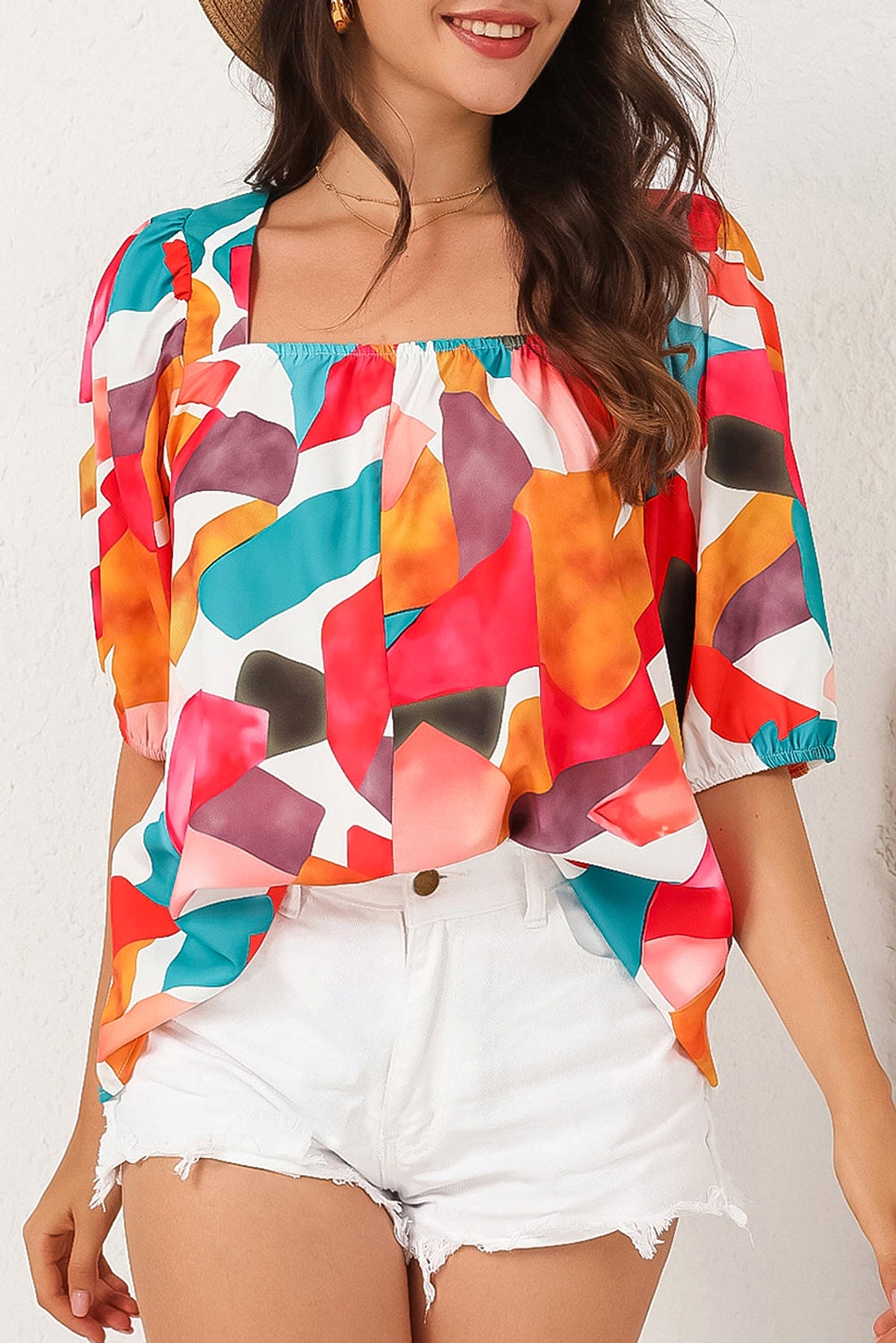 Multicolor Square Neck Abstract Print Short Sleeve Blouse - enhanced image 4