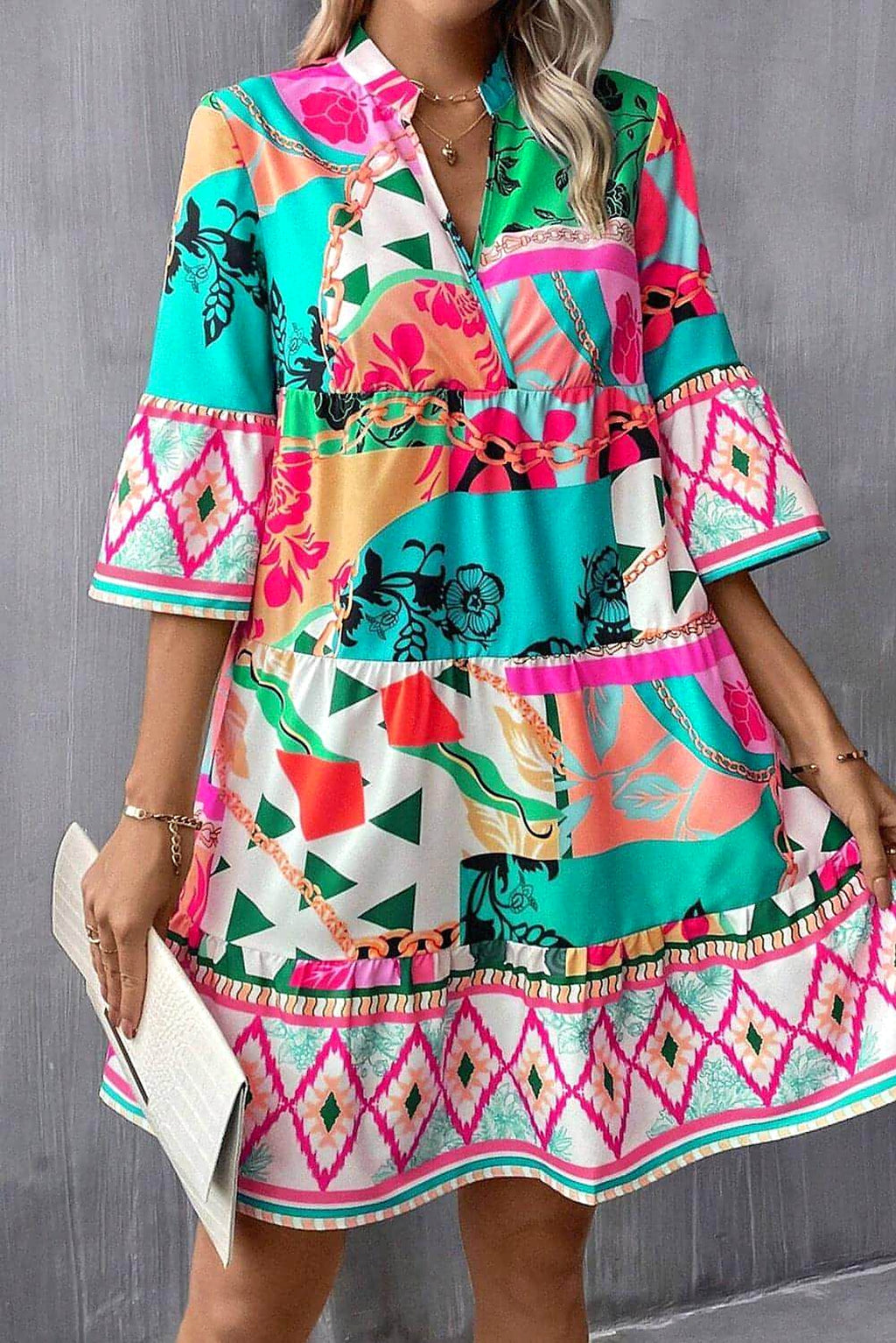 Multicolour Abstract Printed Half Sleeve Notched Neck Mini Dress - enhanced image 4