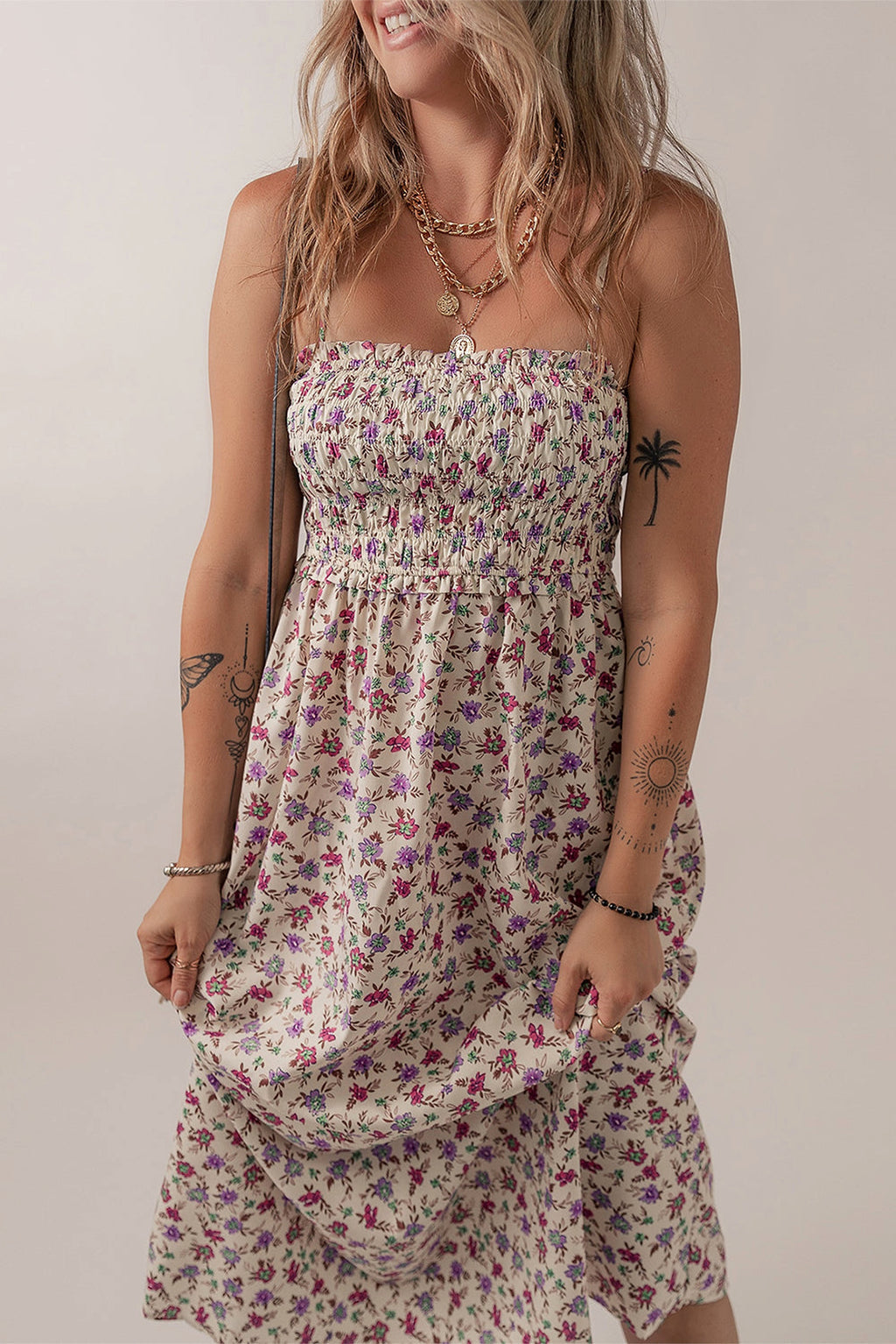 Multicolour Bohemian Ditsy Floral Smocked Fit Flare Sundress - enhanced image 4