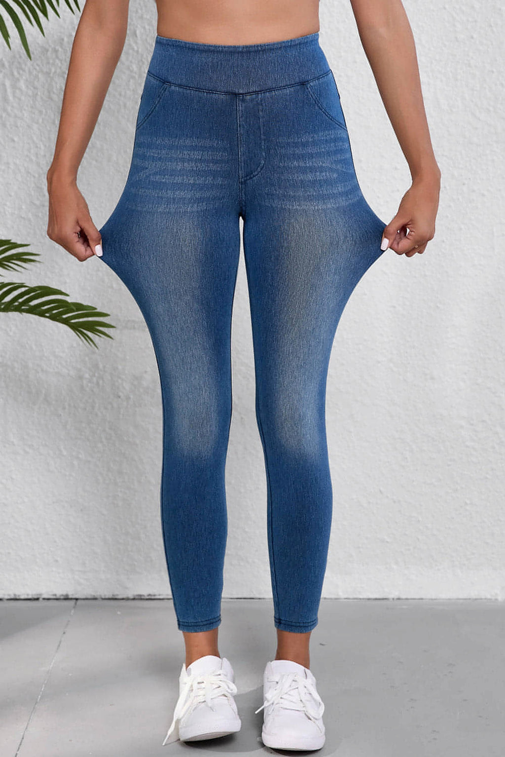 Navy Blue Skinny Elastic Waist Ankle Length Mid Waist Jeggings with Pockets - enhanced image 4