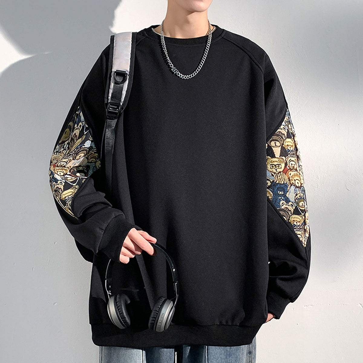 New Chinese style teddy bear embroidered patchwork hoodie - enhanced image 4