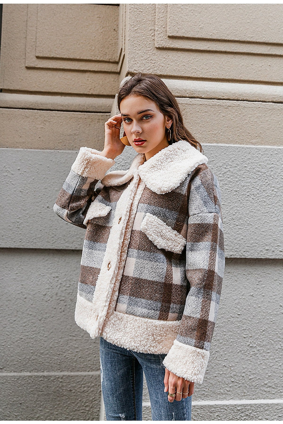 New coat plaid lamb wool thick plaid coat - enhanced image 4
