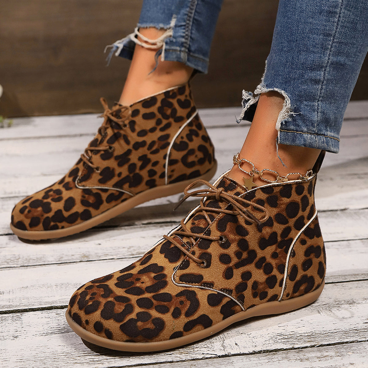New Lace-up Flat Leopard Print Casual Boots Women - enhanced image 4